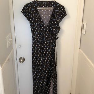 Long, floral wrap dress. Very flattering!